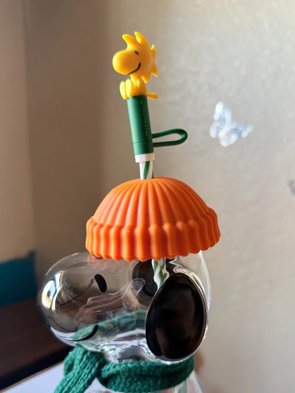 Peanuts Snoopy Glass Bottle with Orange Cap and Green Scarf